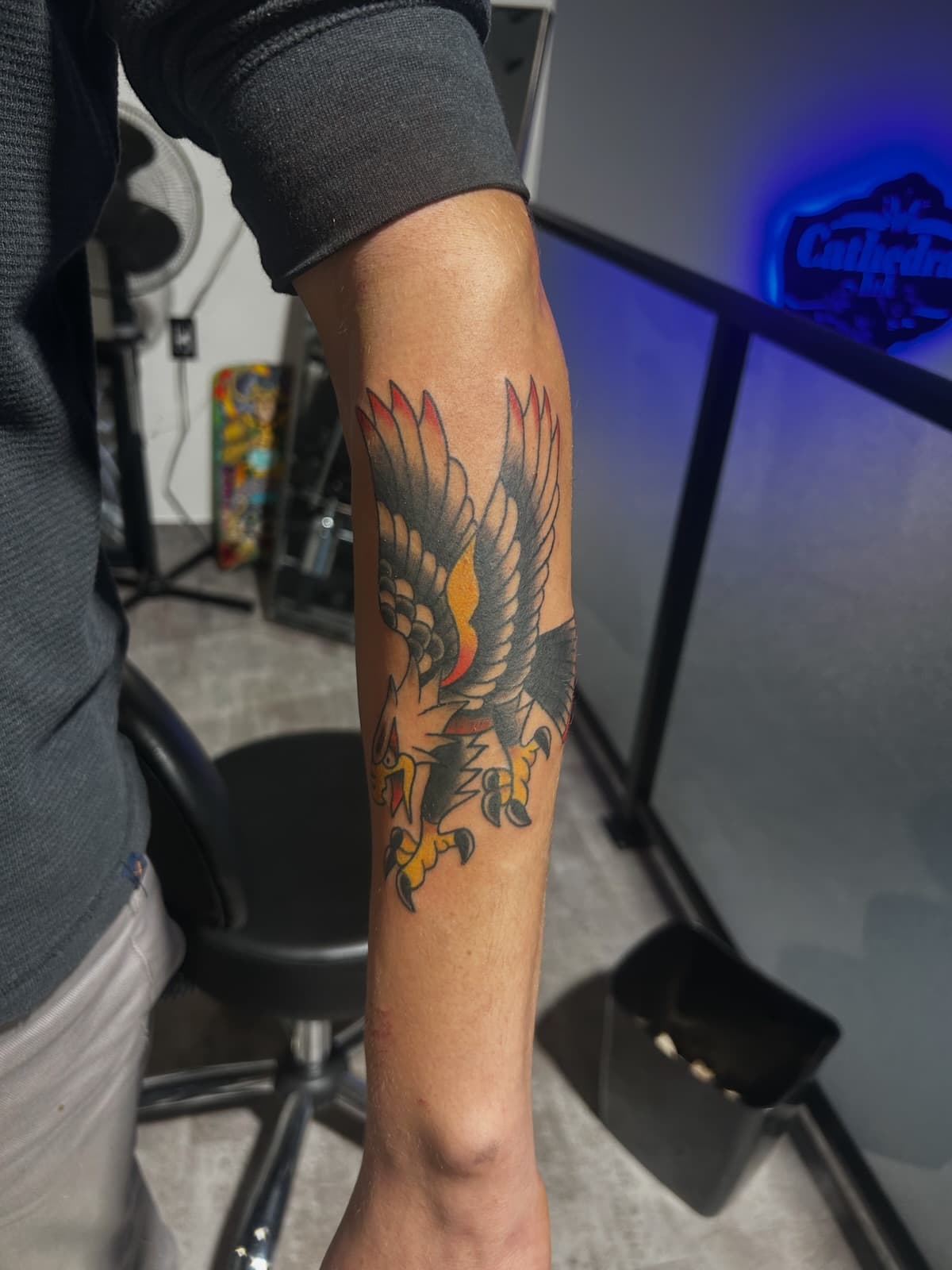 Eagle diving with talons out, red-tipped wings, colour on the forearm
