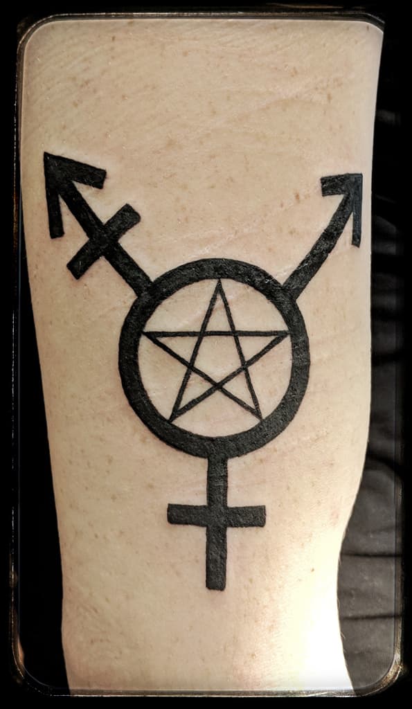 Transgender symbol with a pentagram inside the circle, bold solid blackwork