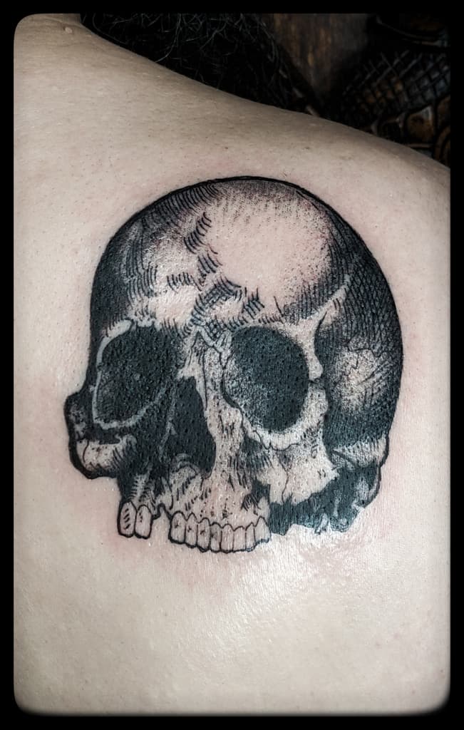 Human skull without a lower jaw, black and grey etching style on the shoulder blade