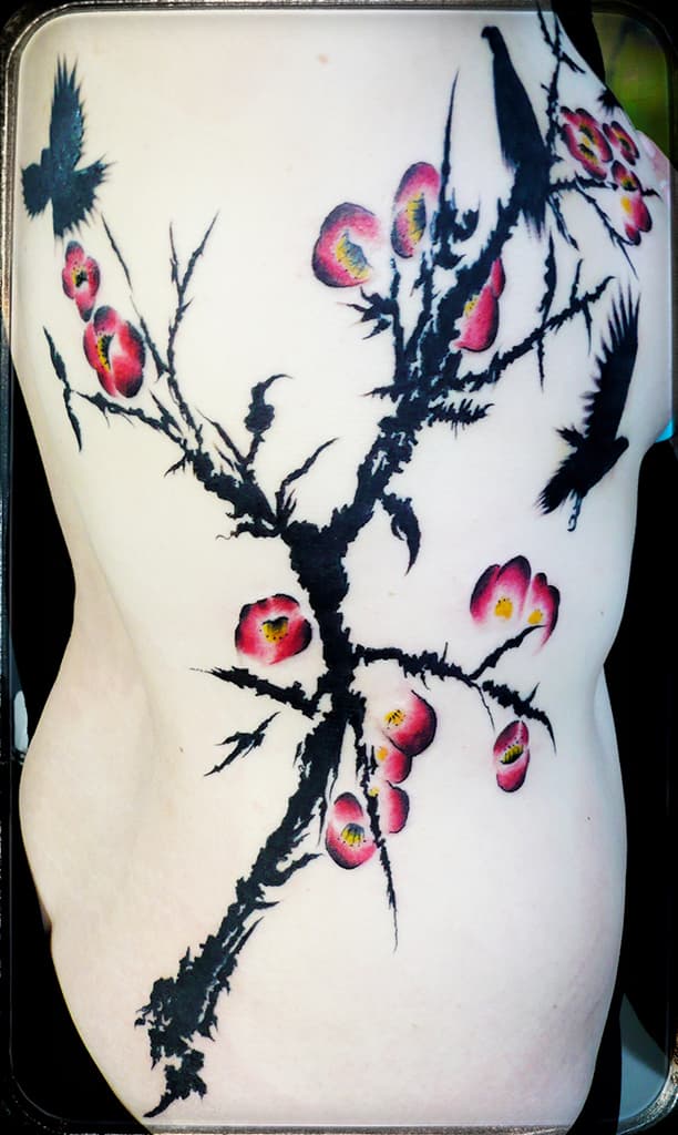 Black ink-brush tree branch with pink blossoms and three black birds, colour across the ribs and side