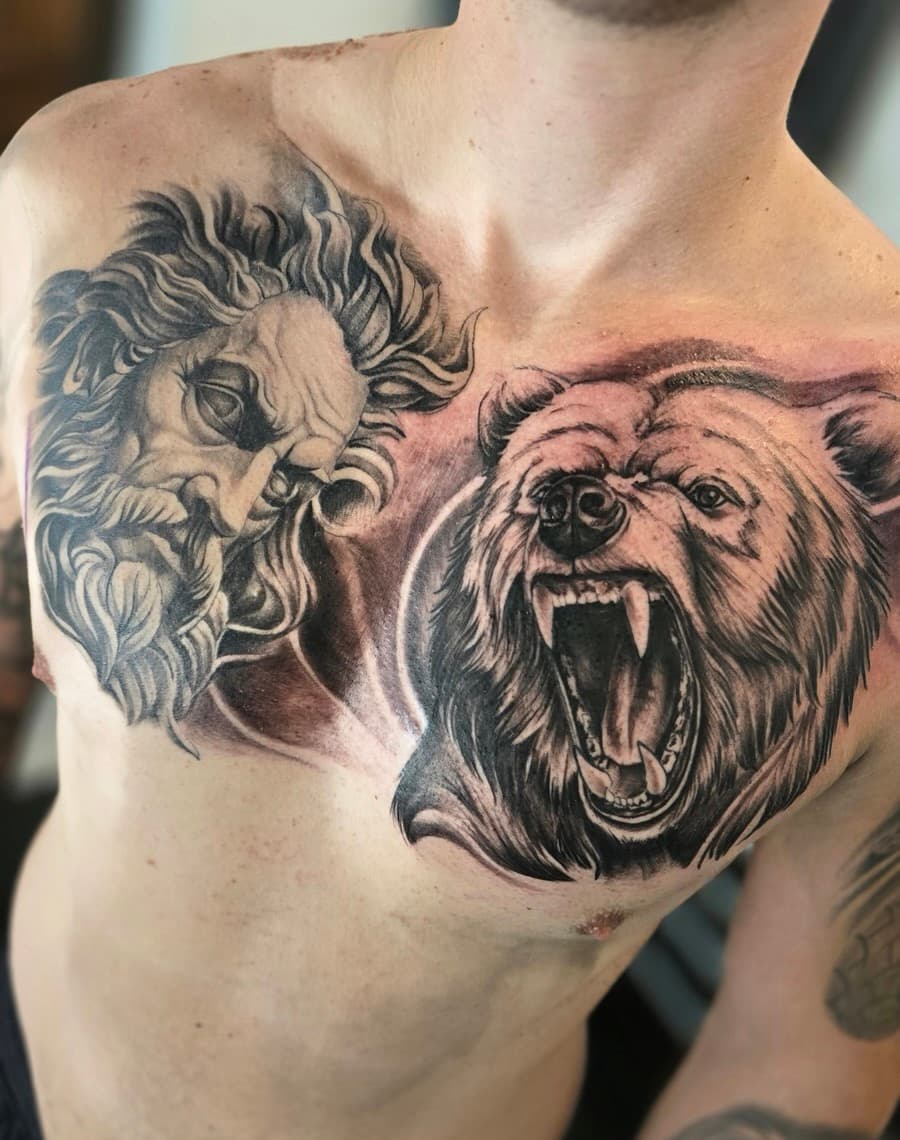 Zeus with a flowing beard beside a roaring bear, black and grey across the chest